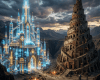 A glowing futuristic cityscape with tall towers next to a large ancient spiral tower under a cloudy sky.