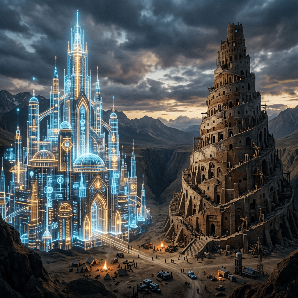 A glowing futuristic cityscape with tall towers next to a large ancient spiral tower under a cloudy sky.