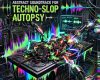 Digital artwork of a cybernetic autopsy with neon soundwaves and mechanical tools