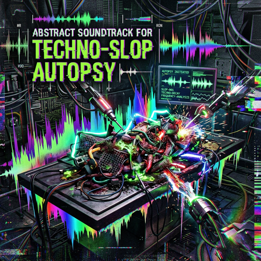 Digital artwork of a cybernetic autopsy with neon soundwaves and mechanical tools