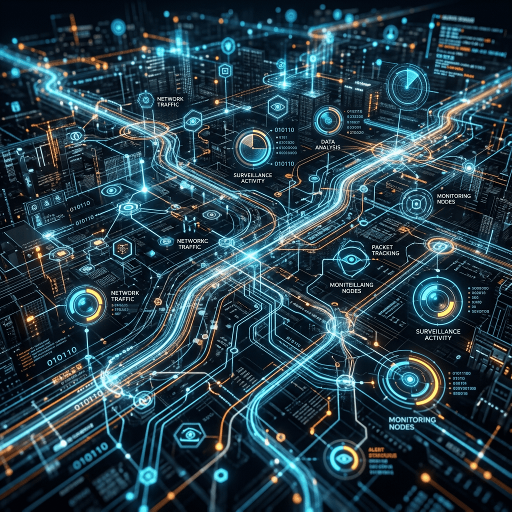 3D digital network visualization showing data flows, monitoring nodes, and surveillance activity