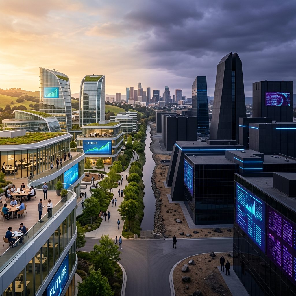 Modern office buildings on either side of a canal with digital financial charts displayed on their facades, people walking along paths, city skyline in the background at sunset.