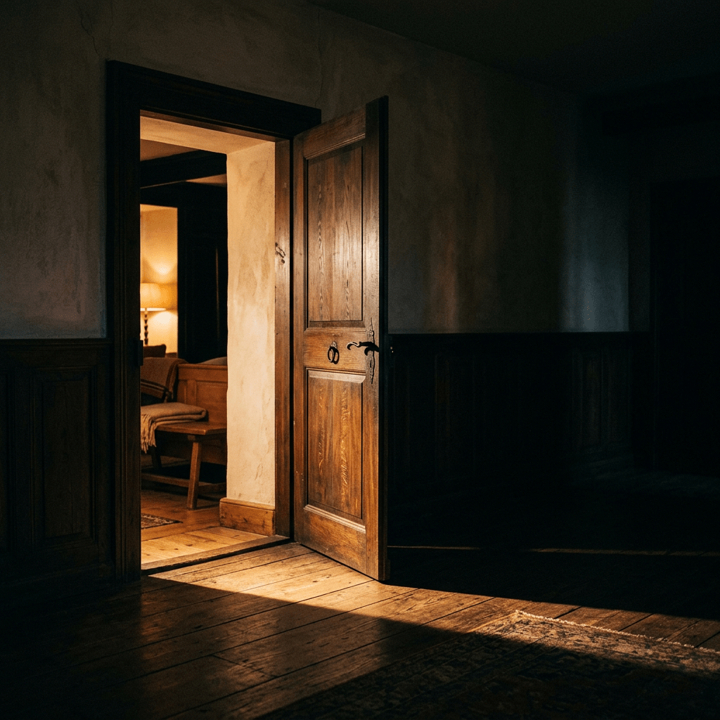 Open wooden door revealing warmly lit room with wooden furniture and a lamp