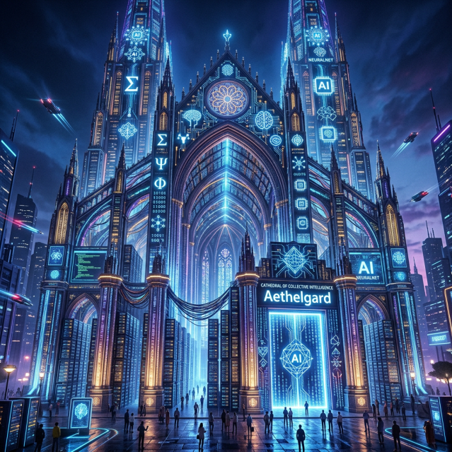 Futuristic cathedral with glowing AI and mathematical symbols, people gathered outside