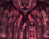 Futuristic cathedral with glowing AI and mathematical symbols, people gathered outside