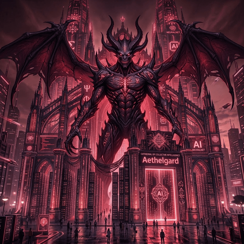 Futuristic cathedral with glowing AI and mathematical symbols, people gathered outside