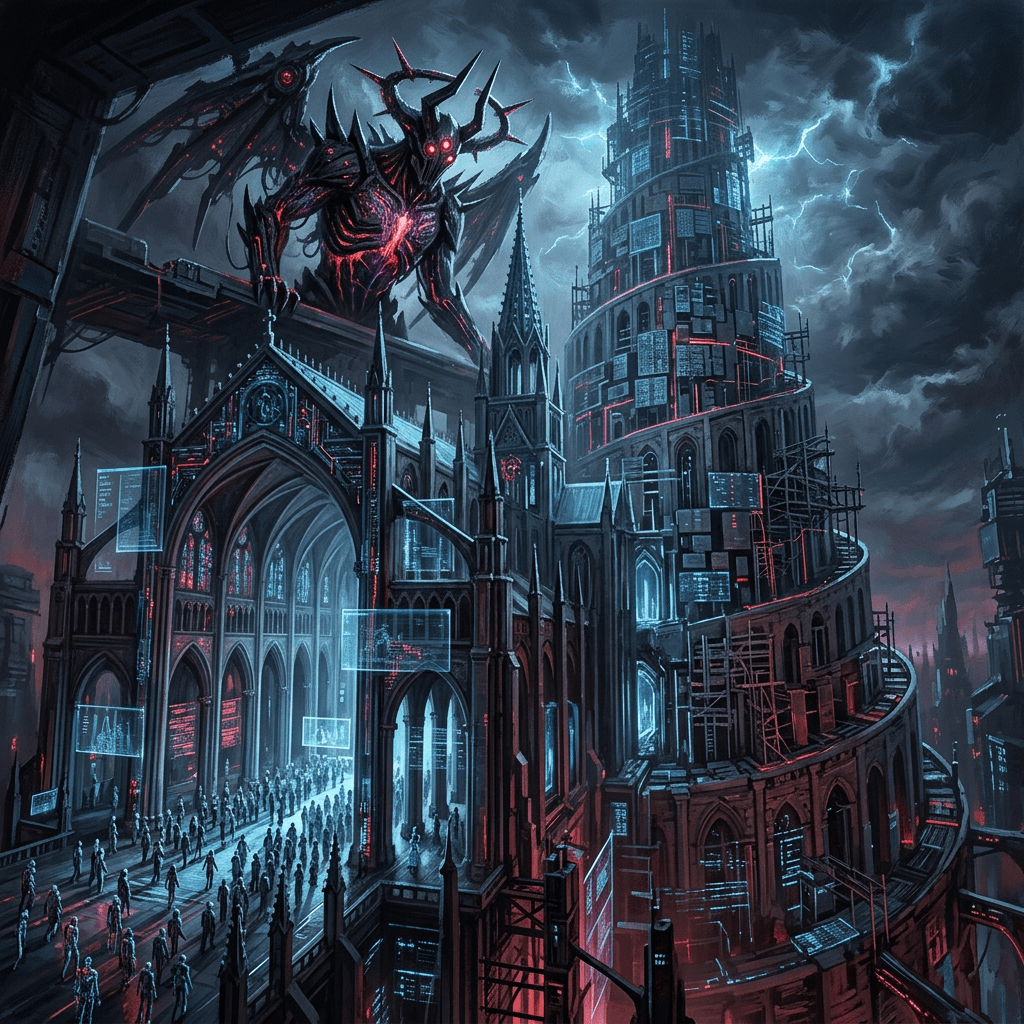 Gothic cathedral merged with digital screens and a large glowing demon figure with wings