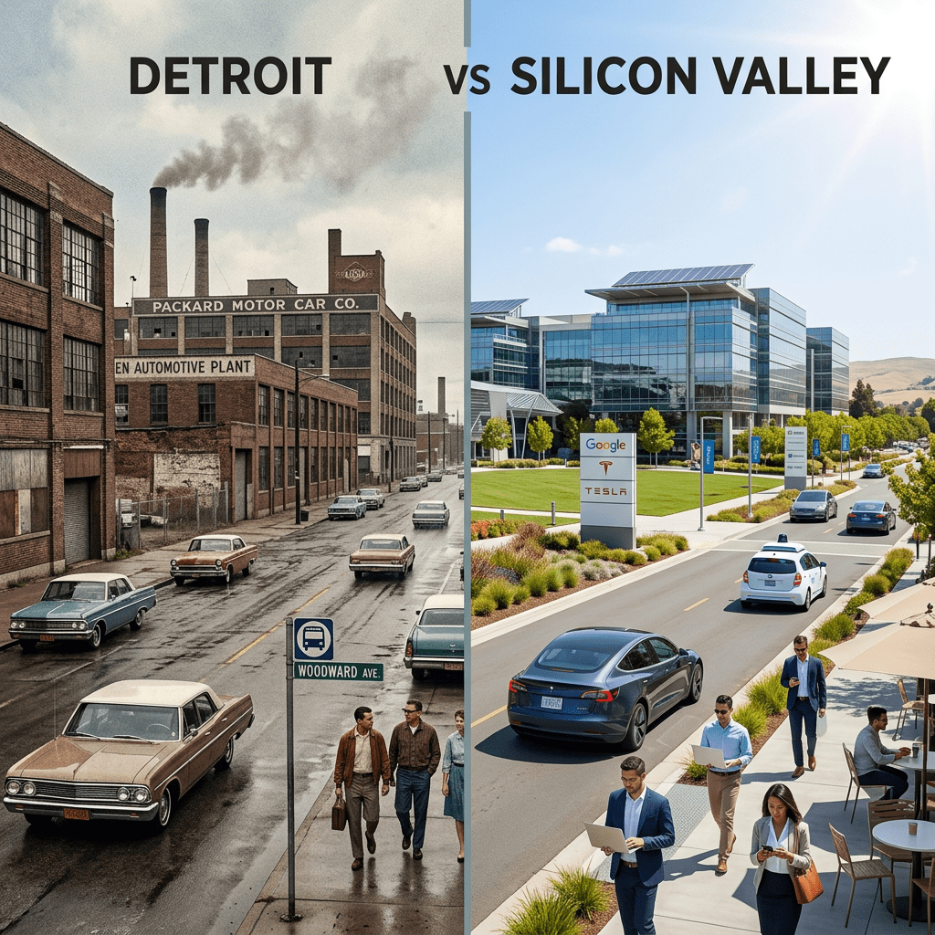 Split view of Detroit’s vintage automotive plant and Silicon Valley’s modern office campus with people and cars