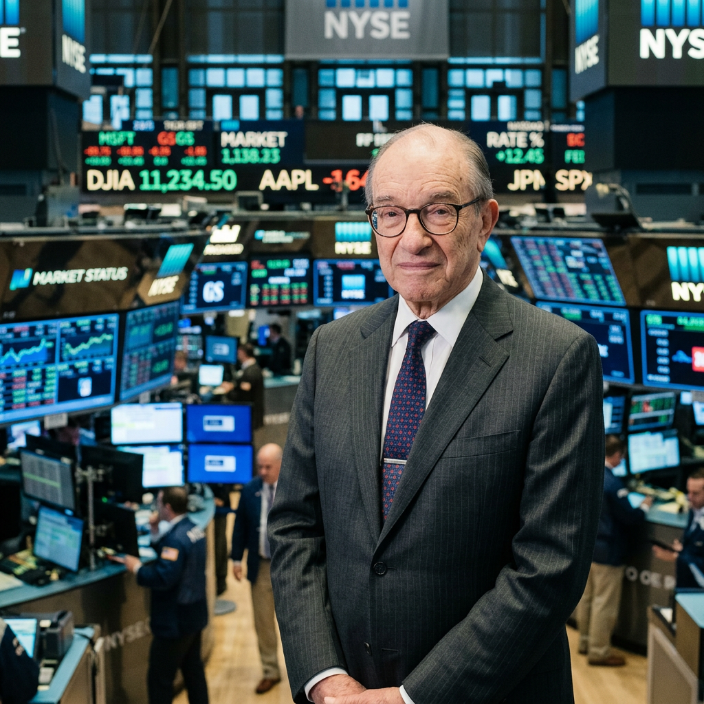 Elderly man in suit and glasses on stock exchange floor with trading screens