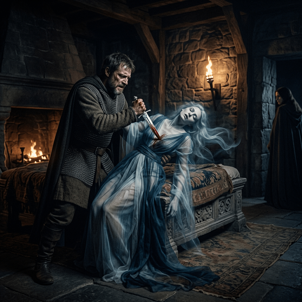 A man in chainmail stabbing a ghostly woman with a dagger in a stone room