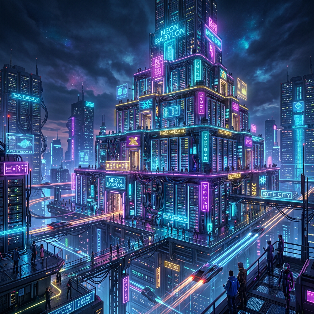Futuristic city with towering buildings adorned with neon signs and holograms at night