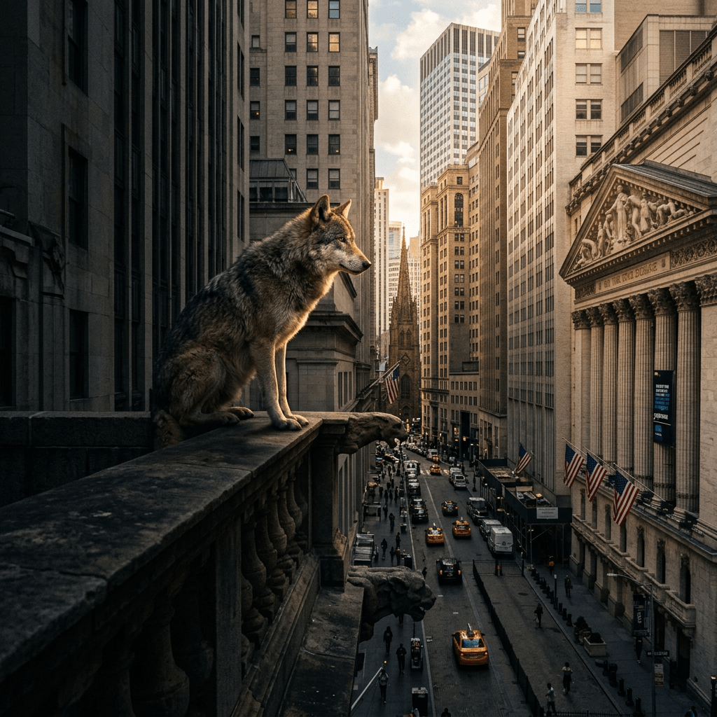 Wolf perched on a stone ledge overlooking a busy urban street with vehicles and pedestrians