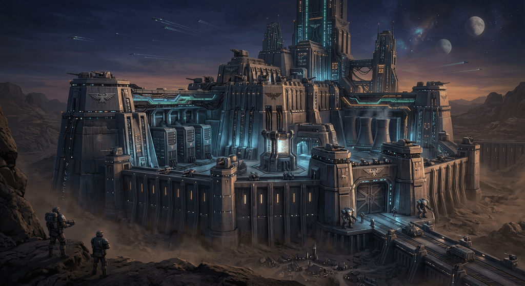 A large futuristic military fortress with guards and armored vehicles under a night sky with two moons