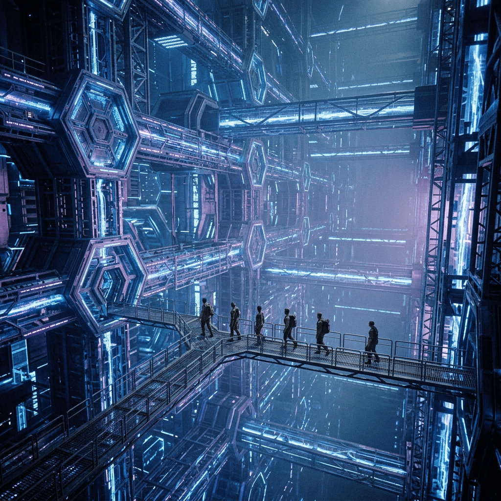 People walking on elevated walkway inside neon blue industrial sci-fi complex