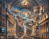 Wall Street scene with a bull statue, busy street, and classical architecture representing philosophical history