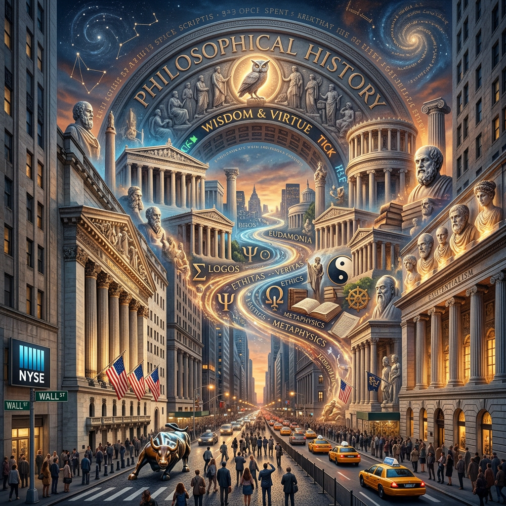 Wall Street scene with a bull statue, busy street, and classical architecture representing philosophical history