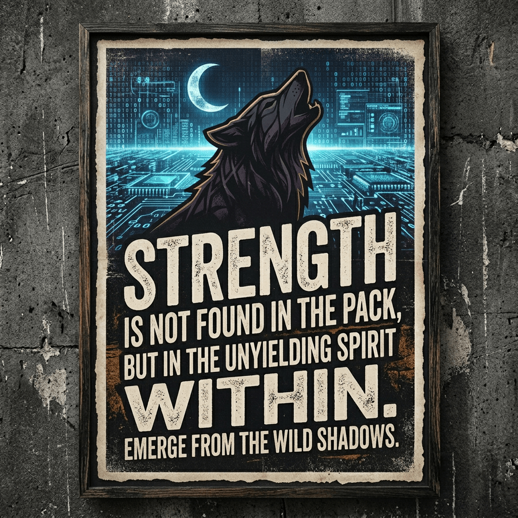 Howling wolf illustration with quote about strength coming from within