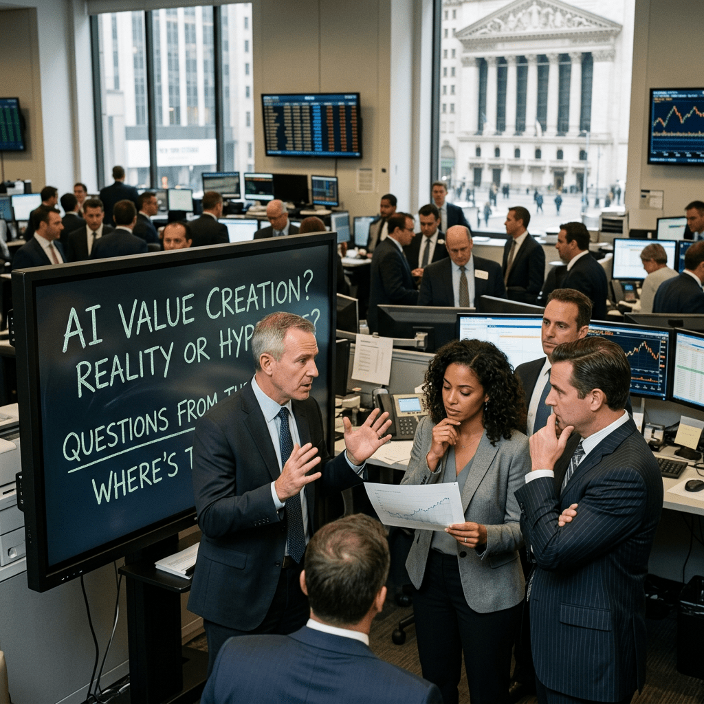 Group of financial professionals discussing AI value creation and market charts