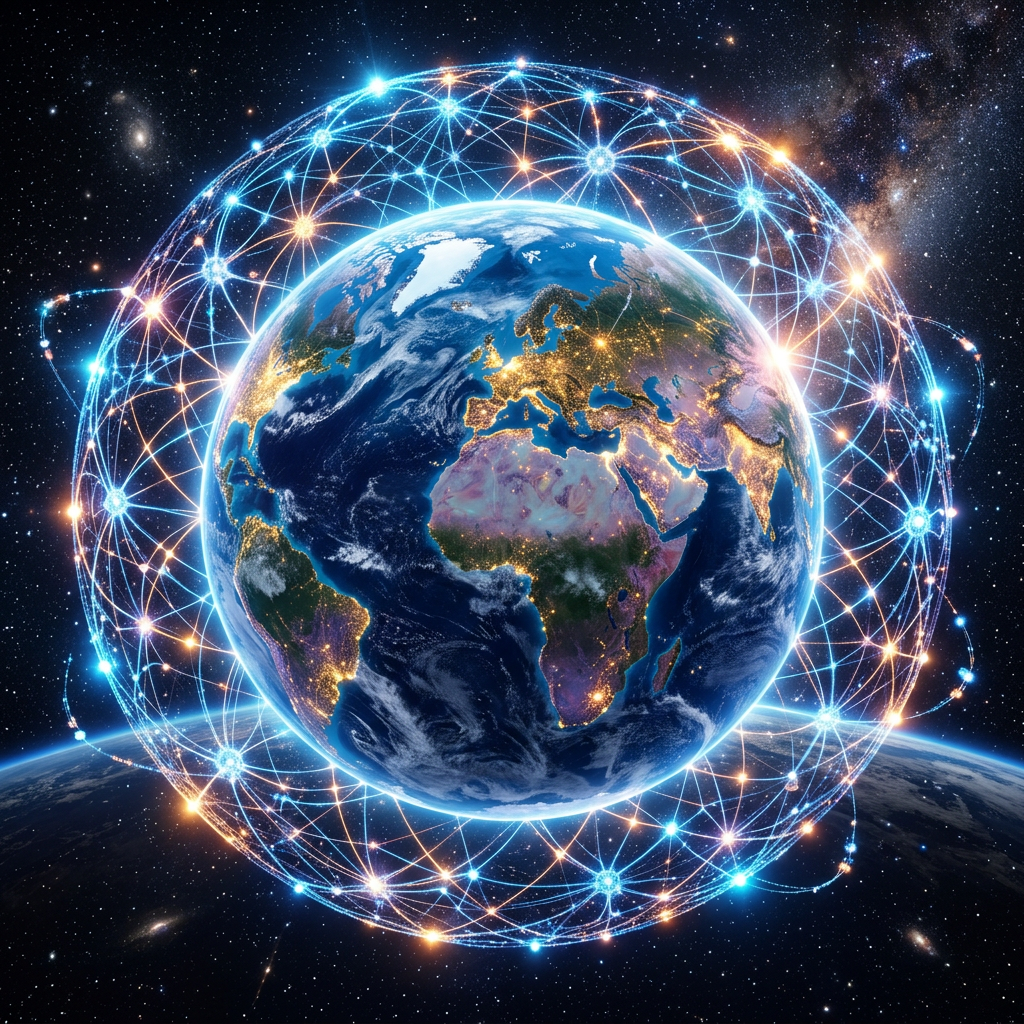 Earth with illuminated cities connected by a glowing blue and orange satellite network in space