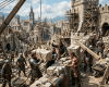 Medieval workers and armored knights building and repairing stone castle walls with scaffolding and tools.