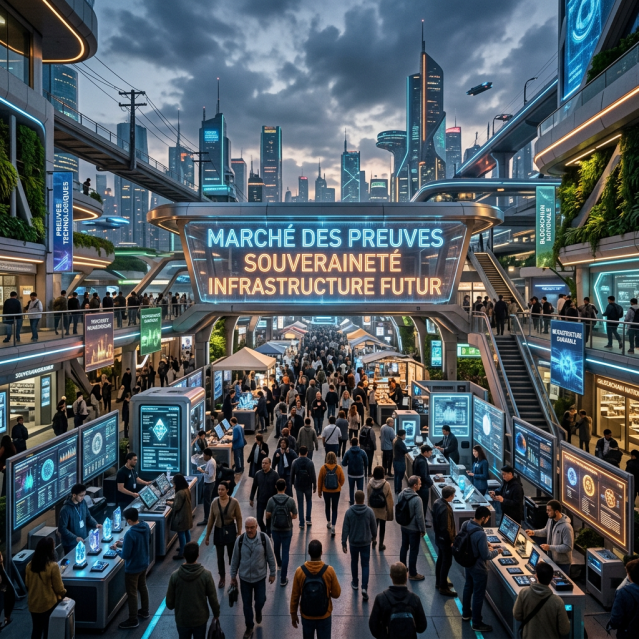 Crowded futuristic marketplace with digital displays and neon signs highlighting sovereignty and future infrastructure