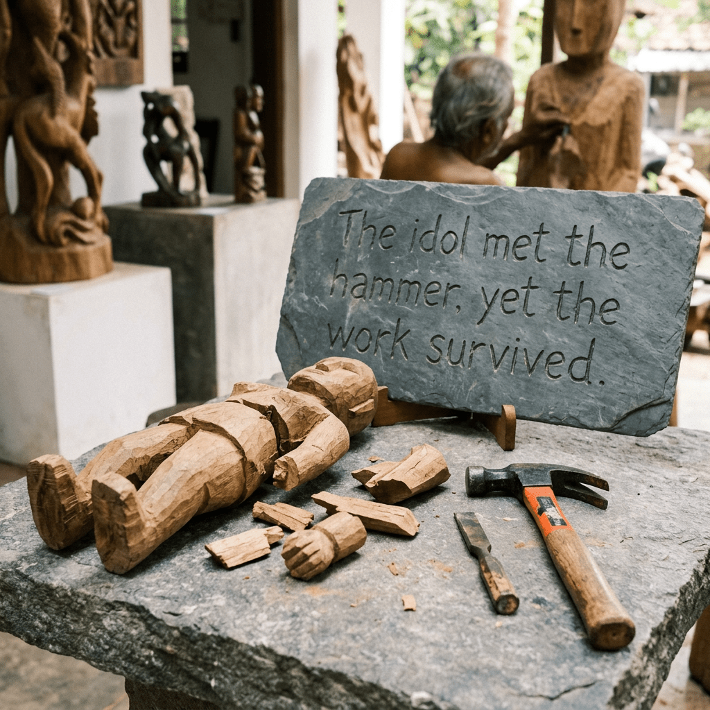 Broken wooden idol pieces with hammer and chisel on stone table and plaque with inscription