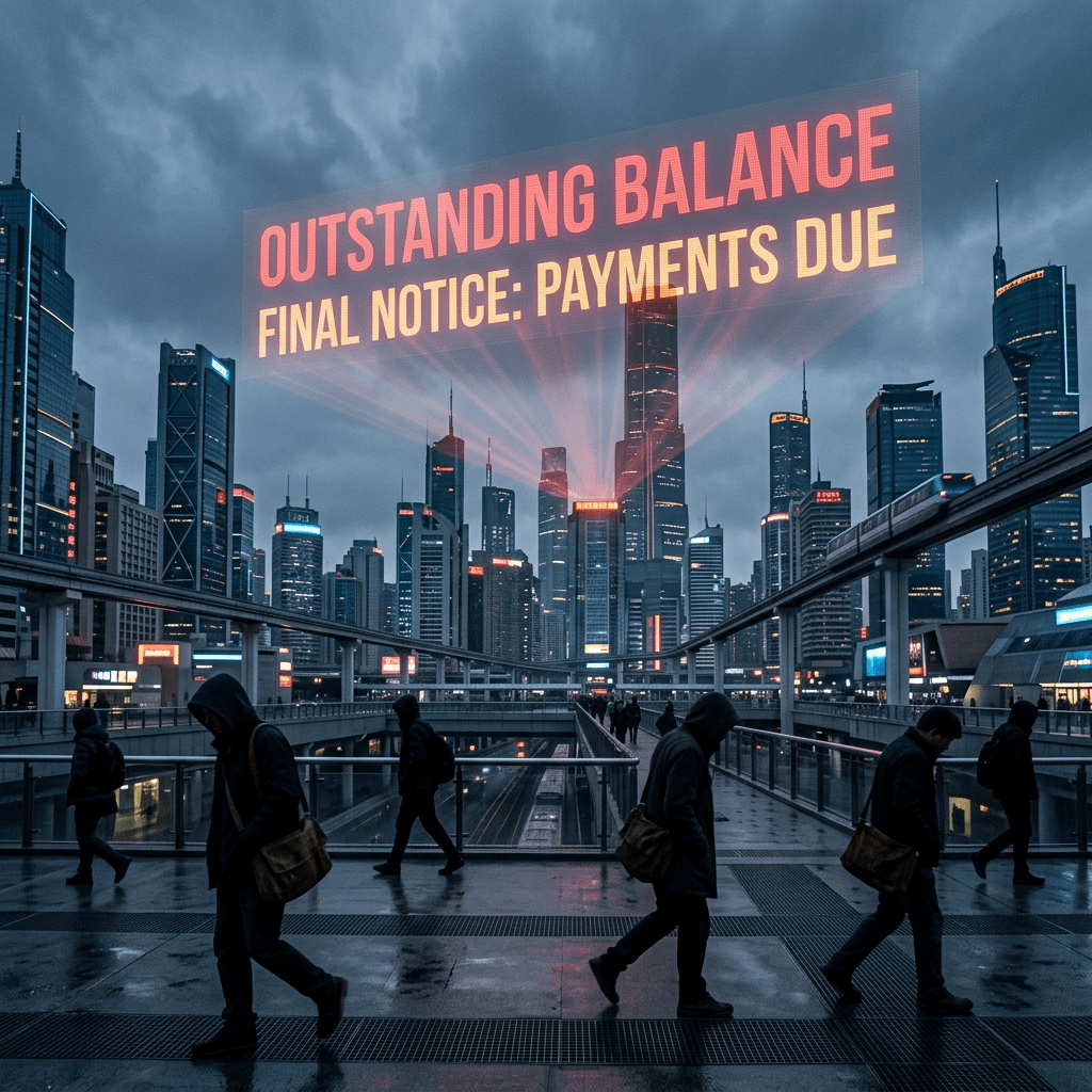 City skyline with digital text reading 'OUTSTANDING BALANCE FINAL NOTICE: PAYMENTS DUE' projected above buildings