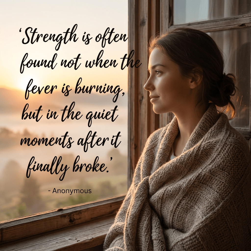 A woman wrapped in a knit blanket looking thoughtfully out a window at sunset with a quote about strength