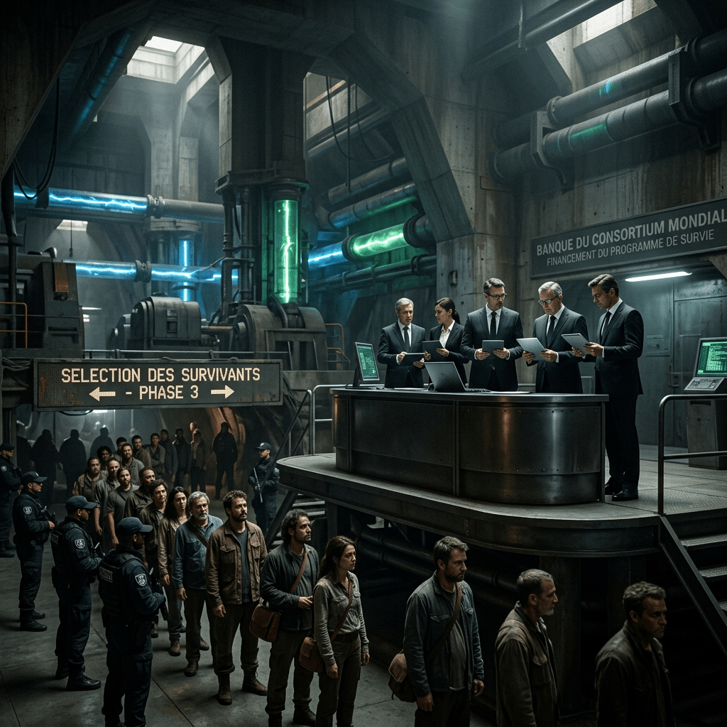 Officials and guards oversee a survivor queue; signs read “SELECTION DES SURVIVANTS ← - PHASE 3 →” and “BANQUE DU CONSORTIUM MONDIAL FINANCEMENT DU PROGRAMME DE SURVIE.”