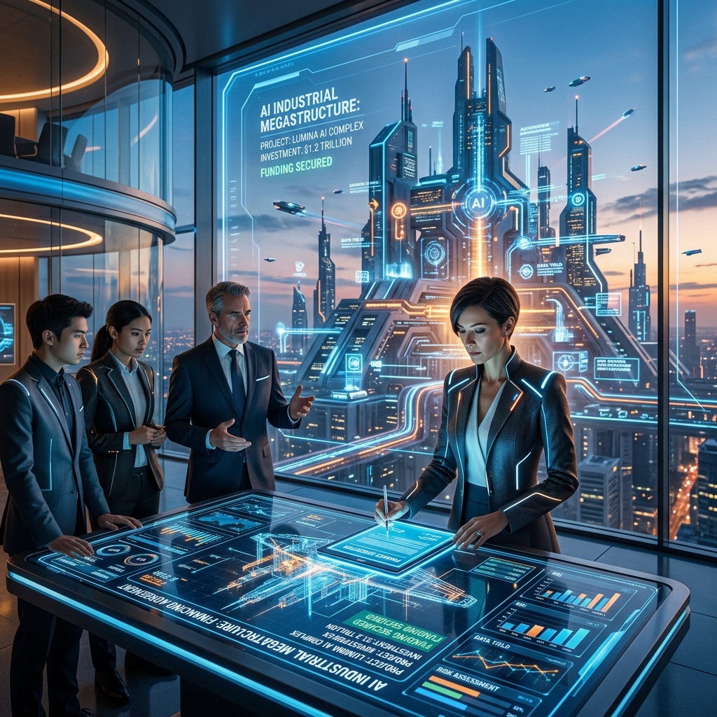 Executives review holographic plans beneath text reading “AI INDUSTRIAL MEGASTRUCTURE” and “FUNDING SECURED.”