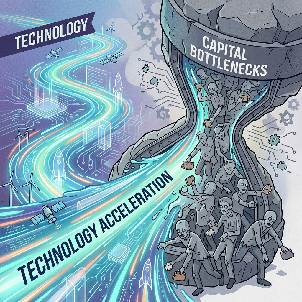 TECHNOLOGY; CAPITAL BOTTLENECKS; TECHNOLOGY ACCELERATION, with people obstructing flowing innovation