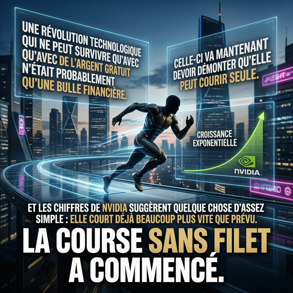 Texte : « UNE RÉVOLUTION TECHNOLOGIQUE QUI NE PEUT SURVIVRE QU’AVEC DE L’ARGENT GRATUIT QU’AVEC DE L’ARGENT GRATUIT N’ÉTAIT PROBABLEMENT QU’UNE BULLE FINANCIÈRE. » « CELLE-CI VA MAINTENANT DEVOIR DÉMONTER QU’ELLE PEUT COURIR SEULE. » « CROISSANCE EXPONENTIELLE » NVIDIA. « ET LES CHIFFRES DE NVIDIA SUGGÈRENT QUELQUE CHOSE D’ASSEZ SIMPLE : ELLE COURT DÉJÀ BEAUCOUP PLUS VITE QUE PRÉVU. » « LA COURSE SANS FILET A COMMENCÉ. »