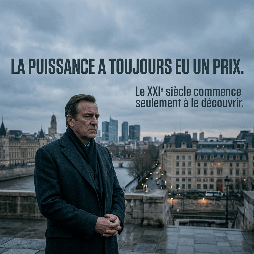 Man overlooking city with text: LA PUISSANCE A TOUJOURS EU UN PRIX. Le XXIe siÚcle commence seulement à le découvrir.