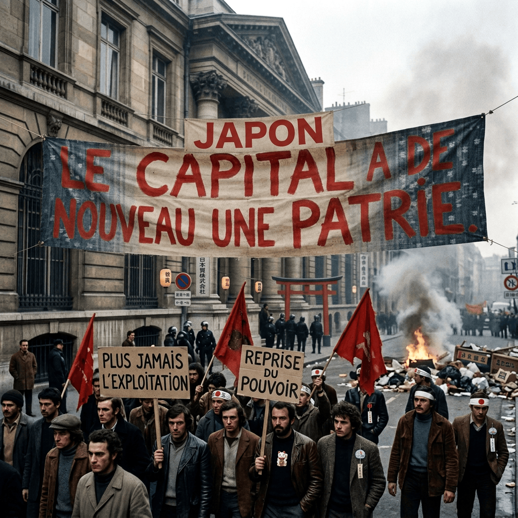 Protest banner reads âLE CAPITAL A DE NOUVEAU UNE PATRIEâ; signs read âPLUS JAMAIS LâEXPLOITATIONâ and âREPRISE DU POUVOIR.â