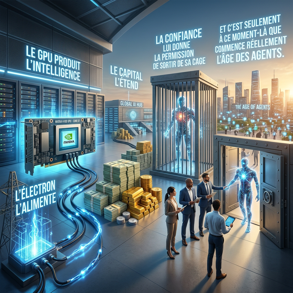 Futuristic data center with NVIDIA H100 GPU, money stacks, caged AI figure, people, and text: « LE GPU PRODUIT LâINTELLIGENCE », « LE CAPITAL LâĂTEND », « LA CONFIANCE LUI DONNE LA PERMISSION DE SORTIR DE SA CAGE », « ET CâEST SEULEMENT Ă CE MOMENT-LĂ QUE COMMENCE RĂELLEMENT LâĂGE DES AGENTS », « LâĂLECTRON LâALIMENTE », « GLOBAL AI HUB », « THE AGE OF AGENTS », « NVIDIA H100 GPU - CORE01 »