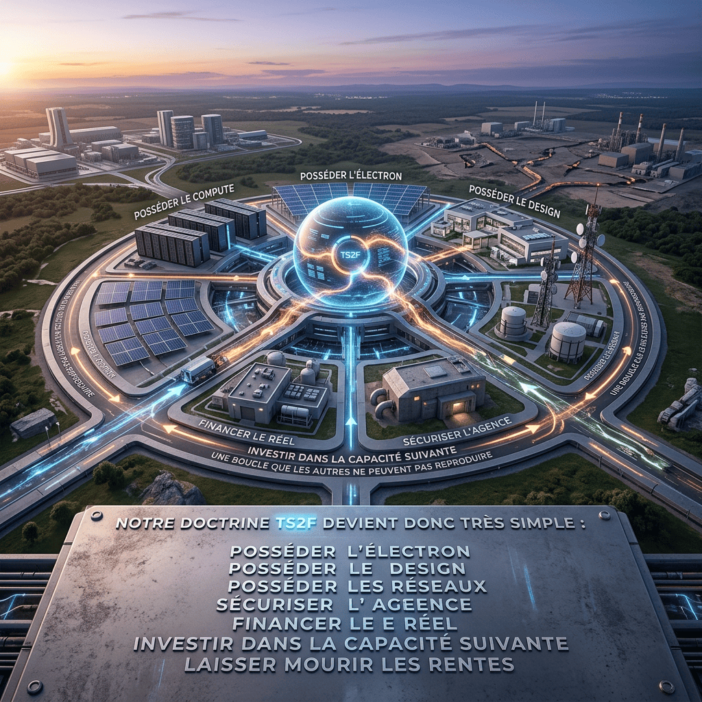 Aerial industrial complex labeled TS2F with French doctrine text: « NOTRE DOCTRINE TS2F DEVIENT DONC TRĂS SIMPLE : POSSĂDER LâĂLECTRON POSSĂDER LE DESIGN POSSĂDER LES RĂSEAUX SĂCURISER LâAGENCE FINANCER LE RĂEL INVESTIR DANS LA CAPACITĂ SUIVANTE LAISSER MOURIR LES RENTES »