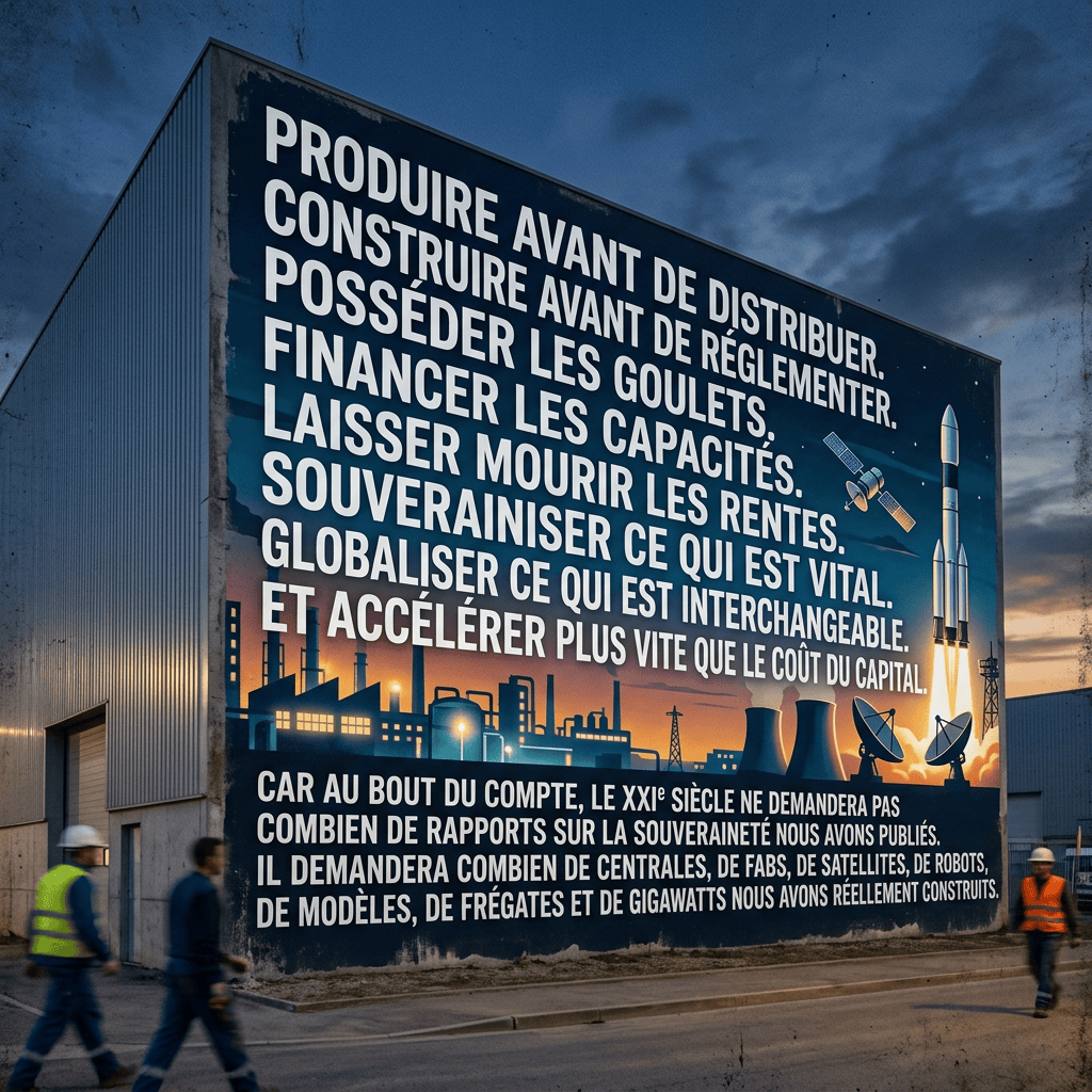 Fresque murale en français : « PRODUIRE AVANT DE DISTRIBUER. CONSTRUIRE AVANT DE RÉGLEMENTER. POSSÉDER LES GOULETS. FINANCER LES CAPACITÉS. LAISSER MOURIR LES RENTES. SOUVERAINISER CE QUI EST VITAL. GLOBALISER CE QUI EST INTERCHANGEABLE. ET ACCÉLÉRER PLUS VITE QUE LE COÛT DU CAPITAL. CAR AU BOUT DU COMPTE, LE XXIᵉ SIÈCLE NE DEMANDERA PAS COMBIEN DE RAPPORTS SUR LA SOUVERAINETÉ NOUS AVONS PUBLIÉS. IL DEMANDERA COMBIEN DE CENTRALES, DE FABS, DE SATELLITES, DE ROBOTS, DE MODÈLES, DE FRÉGATES ET DE GIGAWATTS NOUS AVONS RÉELLEMENT CONSTRUITS. »
