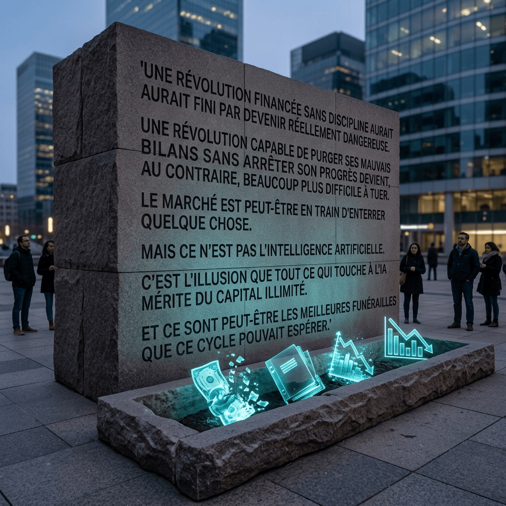 Monument portant le texte : « UNE RÉVOLUTION FINANCIÈRE SANS DISCIPLINE AURAIT FINI PAR DEVENIR RÉELLEMENT DANGEREUSE. UNE RÉVOLUTION CAPABLE DE PURGER SES MAUVAIS BILANS SANS ARRÊTER SON PROGRÈS DEVIENT, AU CONTRAIRE, BEAUCOUP PLUS DIFFICILE À TUER. LE MARCHÉ EST PEUT-ÊTRE EN TRAIN D’ENTERRER QUELQUE CHOSE. MAIS CE N’EST PAS L’INTELLIGENCE ARTIFICIELLE. C’EST L’ILLUSION QUE TOUT CE QUI TOUCHE À L’IA MÉRITE DU CAPITAL ILLIMITÉ. ET CE SONT PEUT-ÊTRE LES MEILLEURES FUNÉRAILLES QUE CE CYCLE POUVAIT ESPÉRER. »