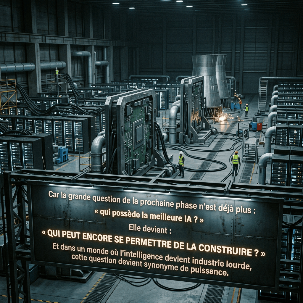 Data center with French text: « Car la grande question de la prochaine phase n’est déjà plus : « qui possède la meilleure IA ? » Elle devient : « QUI PEUT ENCORE SE PERMETTRE DE LA CONSTRUIRE ? » Et dans un monde où l’intelligence devient industrie lourde, cette question devient synonyme de puissance. »